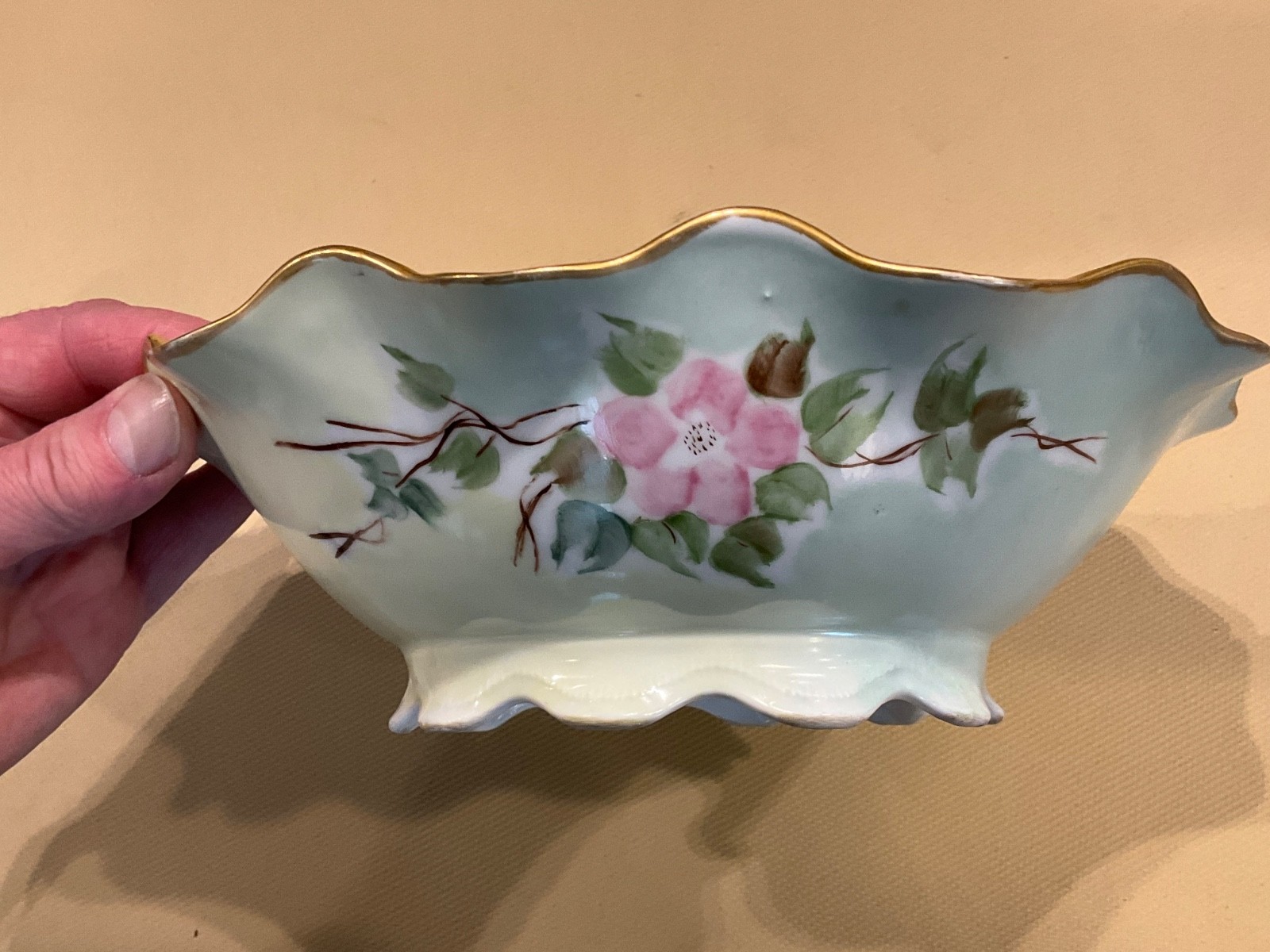 Vintage Hand Painted Floral Porcelain Bowl - Gold Scalloped Rim - Signed L.B.