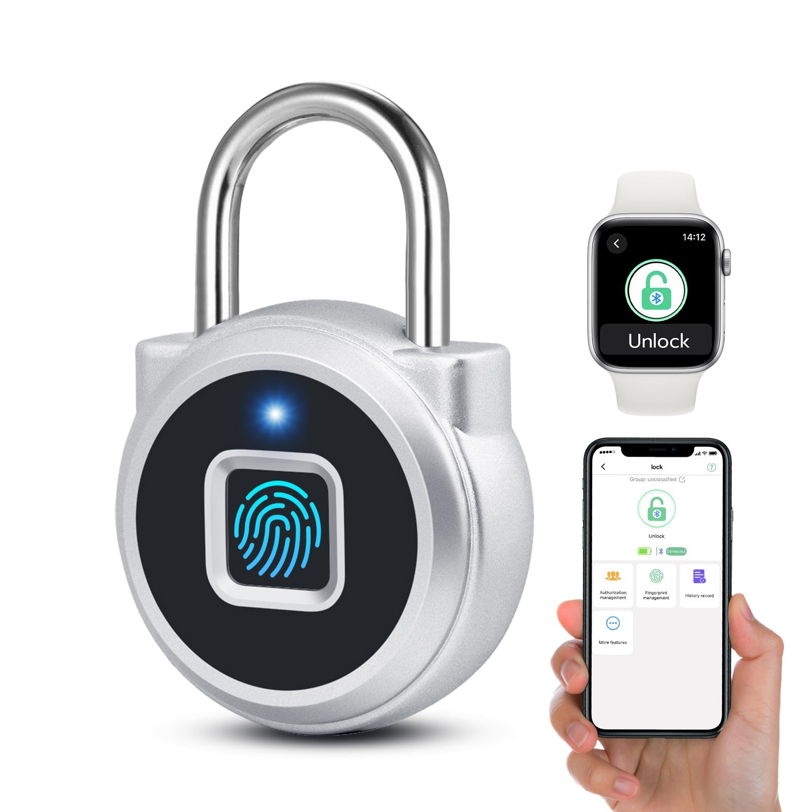 Fingerprint Lock, Gym Lock, Bluetooth Lock, Small Fingerprint Padlock with Ke...