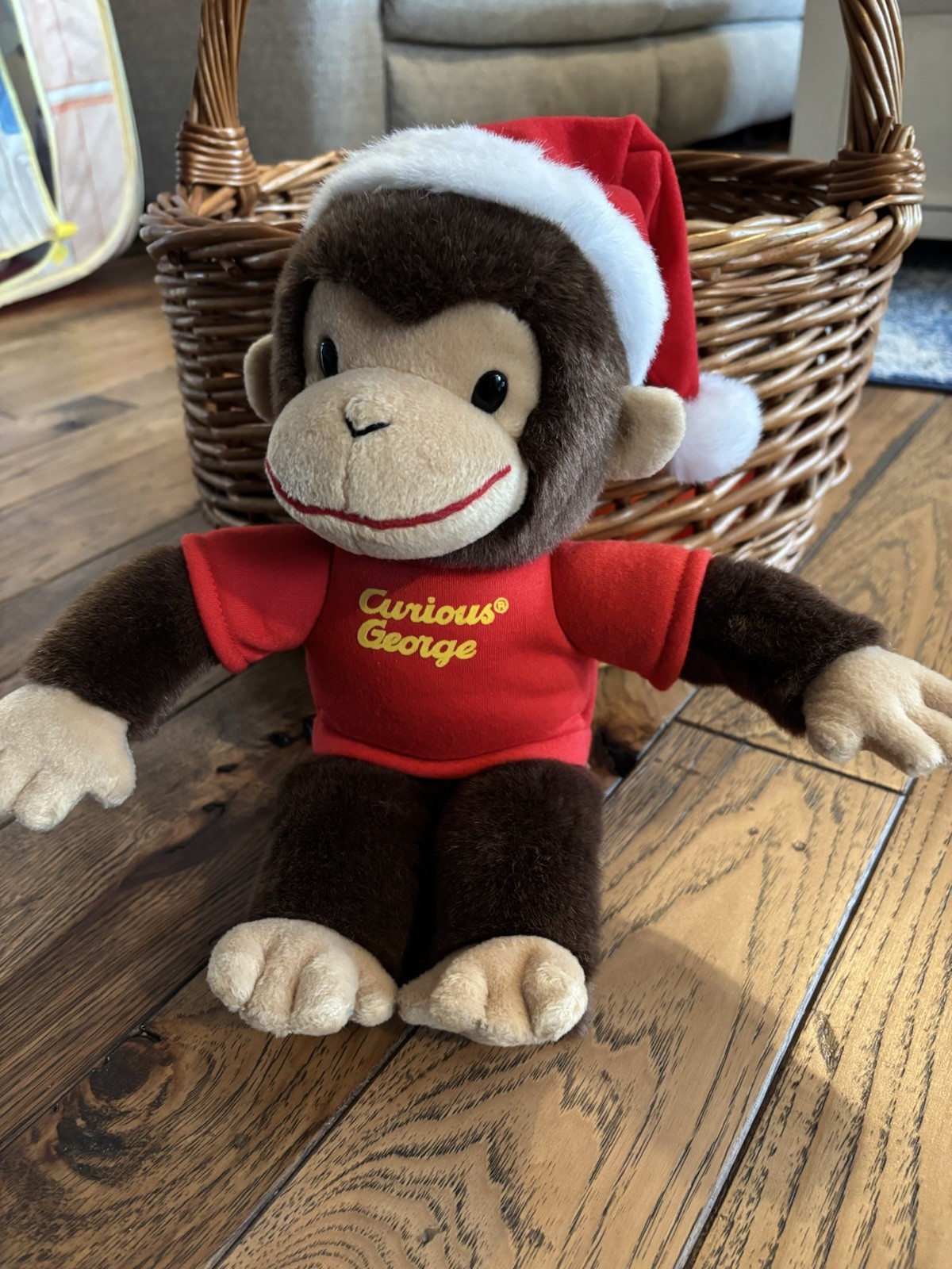 Vintage Collectible Curious George By GUND, Christmas Santa hat soft plush, RARE