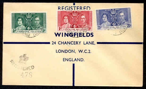 FALKLAND ISLANDS 1937 REG TO ENGLAND