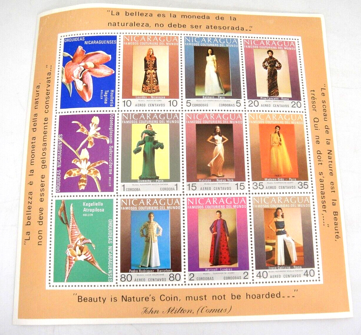 Nicaragua Stamps Gowns by Famous Designers and Flowers Mini Sheet 1973 Beauty
