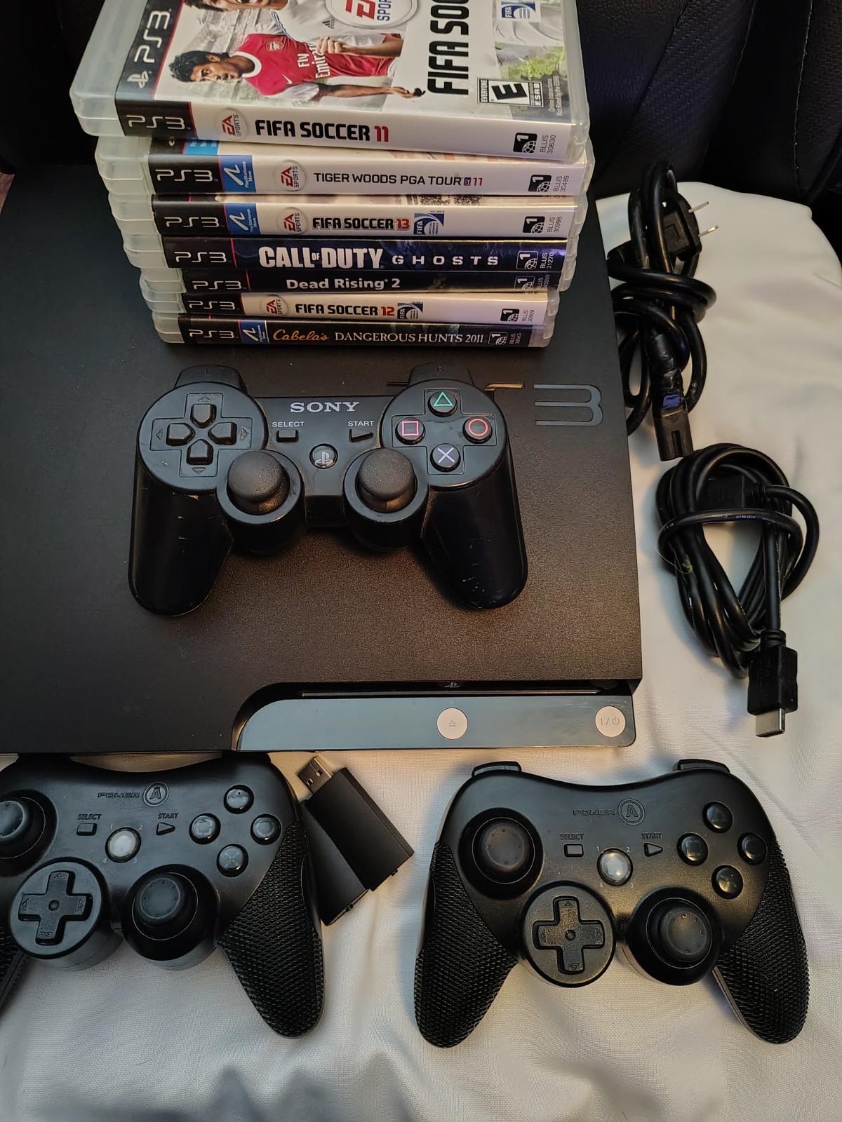 Sony PlayStation 3 Console Bundle w/ Controllers, Cables & PS3 Games (FIFA, COD)