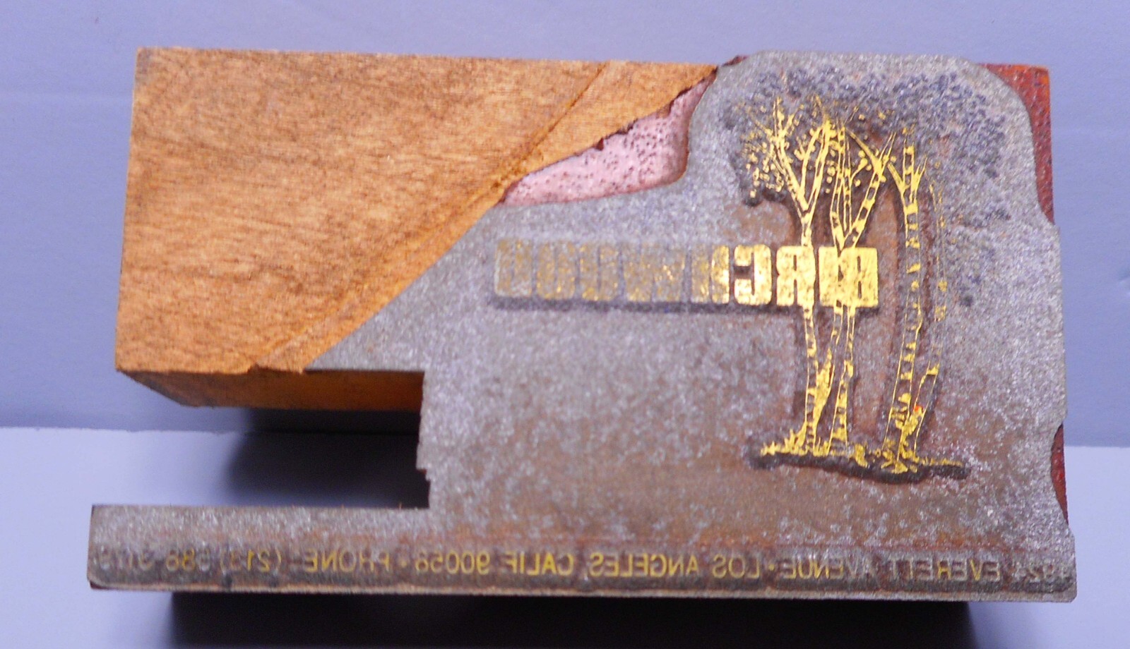 Birchwood Los Angeles CA Letterpress Printing Plate 3" L x 1 3/4" H Letterpress