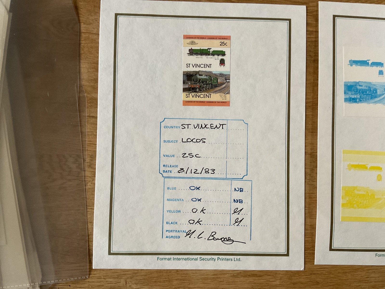 St Vincent Trains colour progression stamps  on 2 page B3214