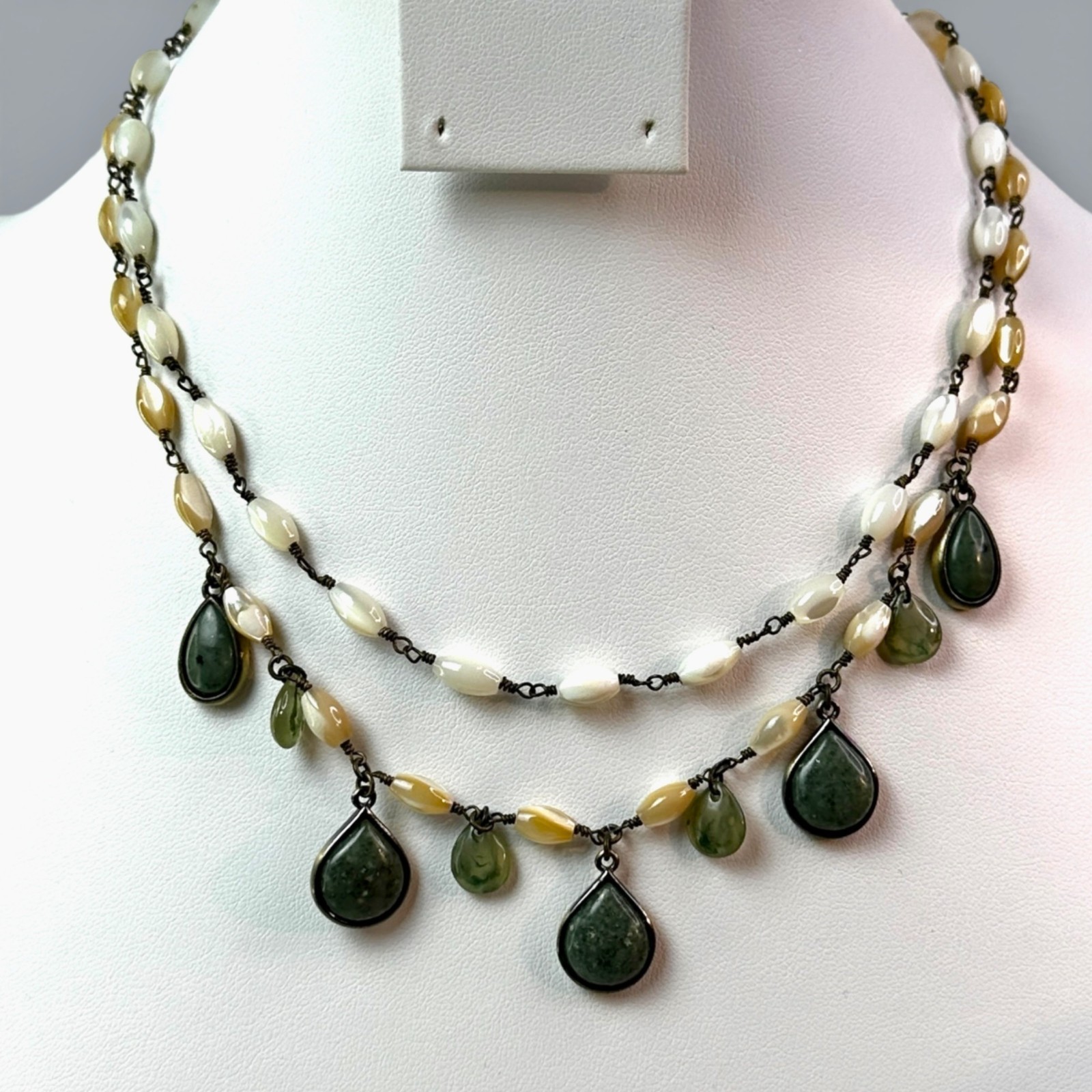 Double-Strand Vintage Monet Necklace Green Jade Teardrop Pendants & Shell Bead A