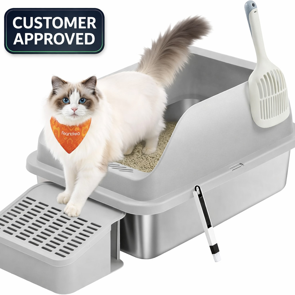 Feandrea Stainless Steel Cat Litter Box High Sided Tray with Scoop
