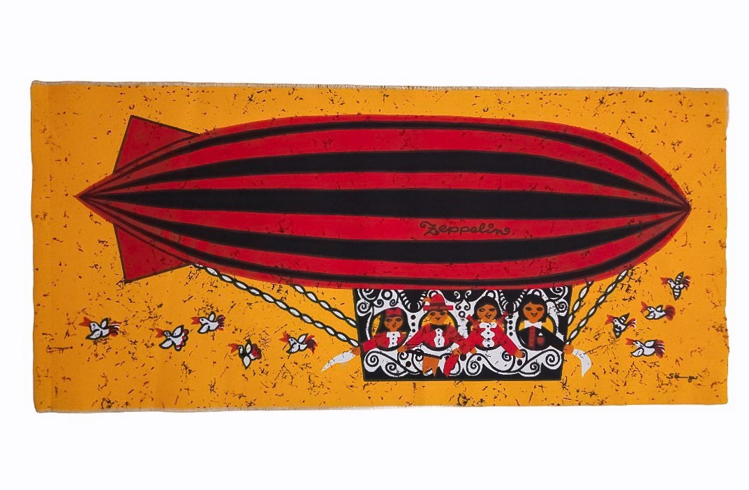 Signed Vintage West German Wall Hanging fabric Zeppelin Mid Century Pop Art 70s