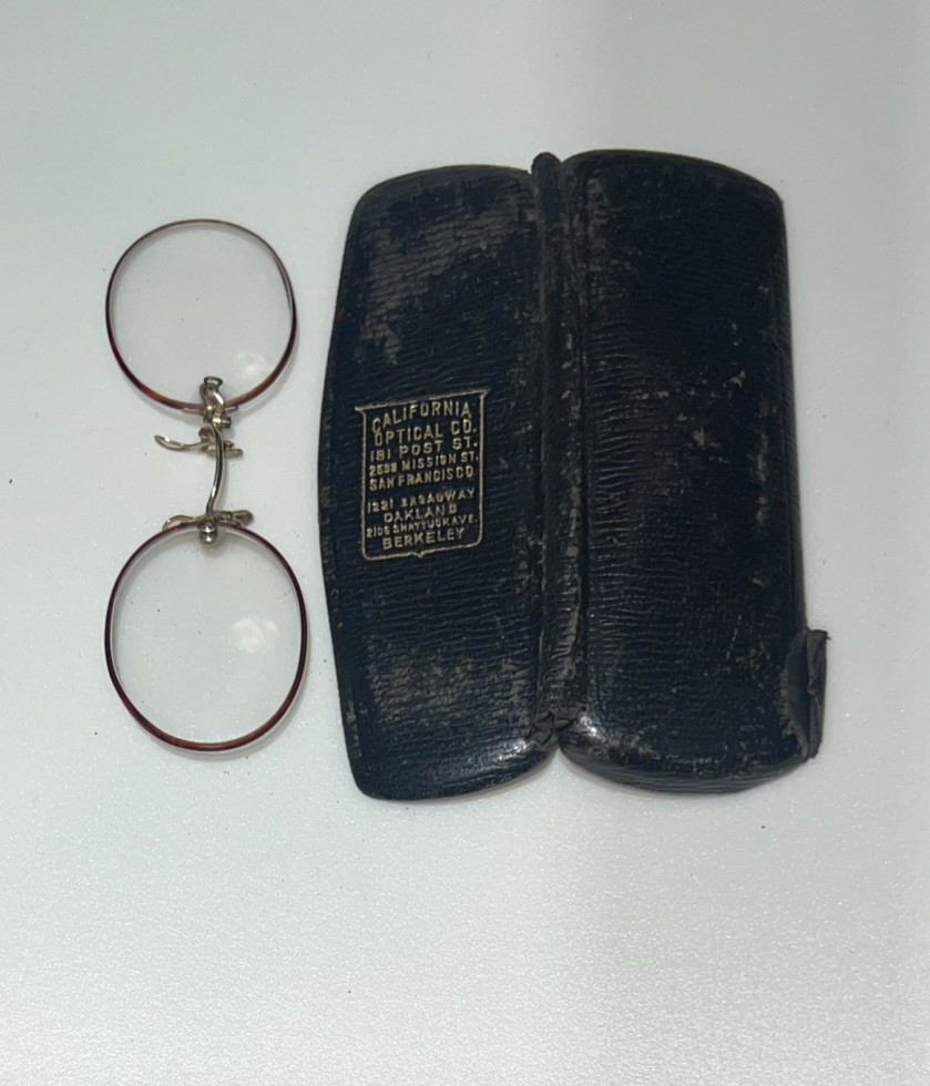 Antique FITS-U Pince Nez Eyeglasses Red Rim with California Optical Case