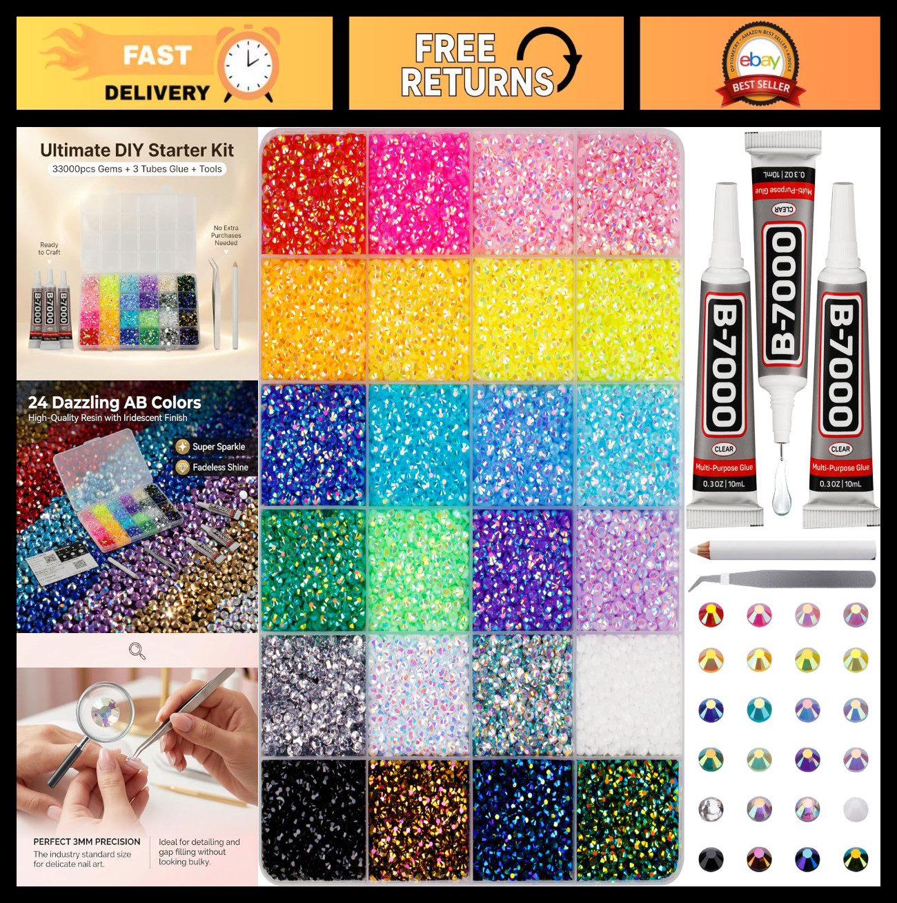 33,000 Pcs Flatback Rhinestones Kit - 3mm Colorful Craft Gems for Clothing & Nai