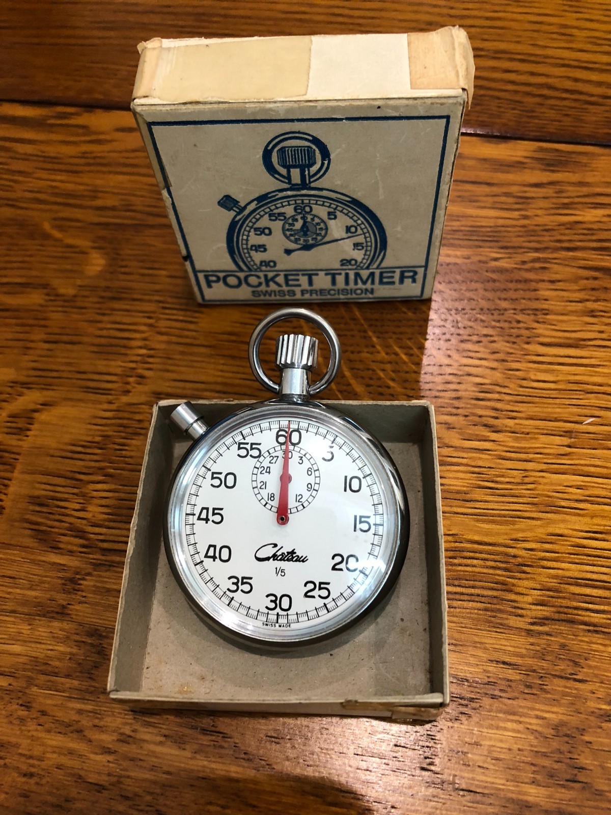 Vintage Swiss Pocket Timer Chateau 1/5 Switzerland With Original Box