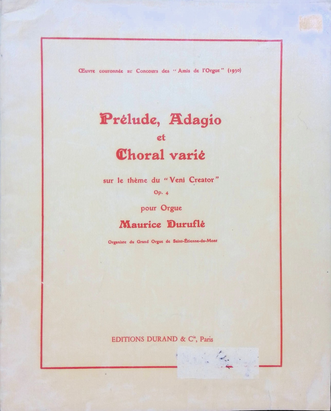 Prelude Adagio Et Choral Varie Organ Songbook Maurice Durufle Theme Veni Creator