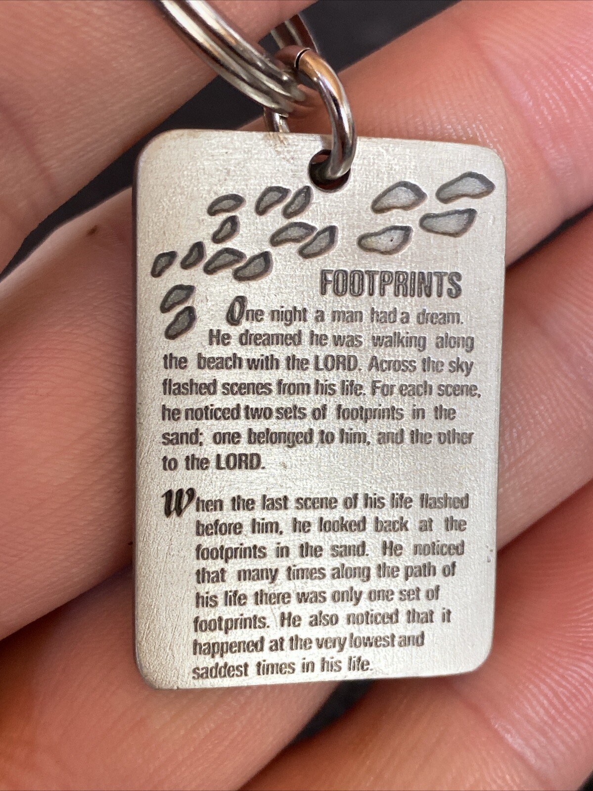 Brushed Aluminum Inspirational FOOTPRINTS 2 Sided Prayer Vtg Key Chain Ring Fob