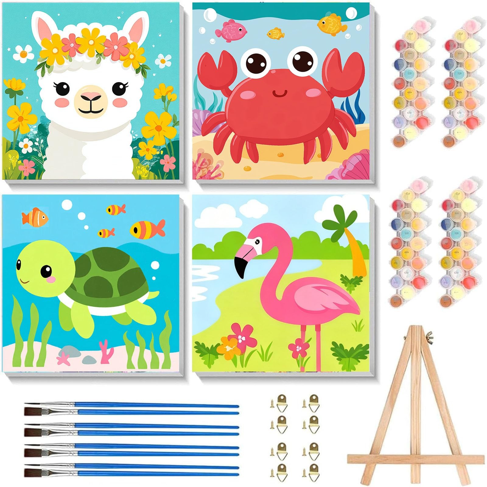 4 Pack Paint by Numbers Kit for Kids with Frame and Easel, Cute Animals Kids Pai