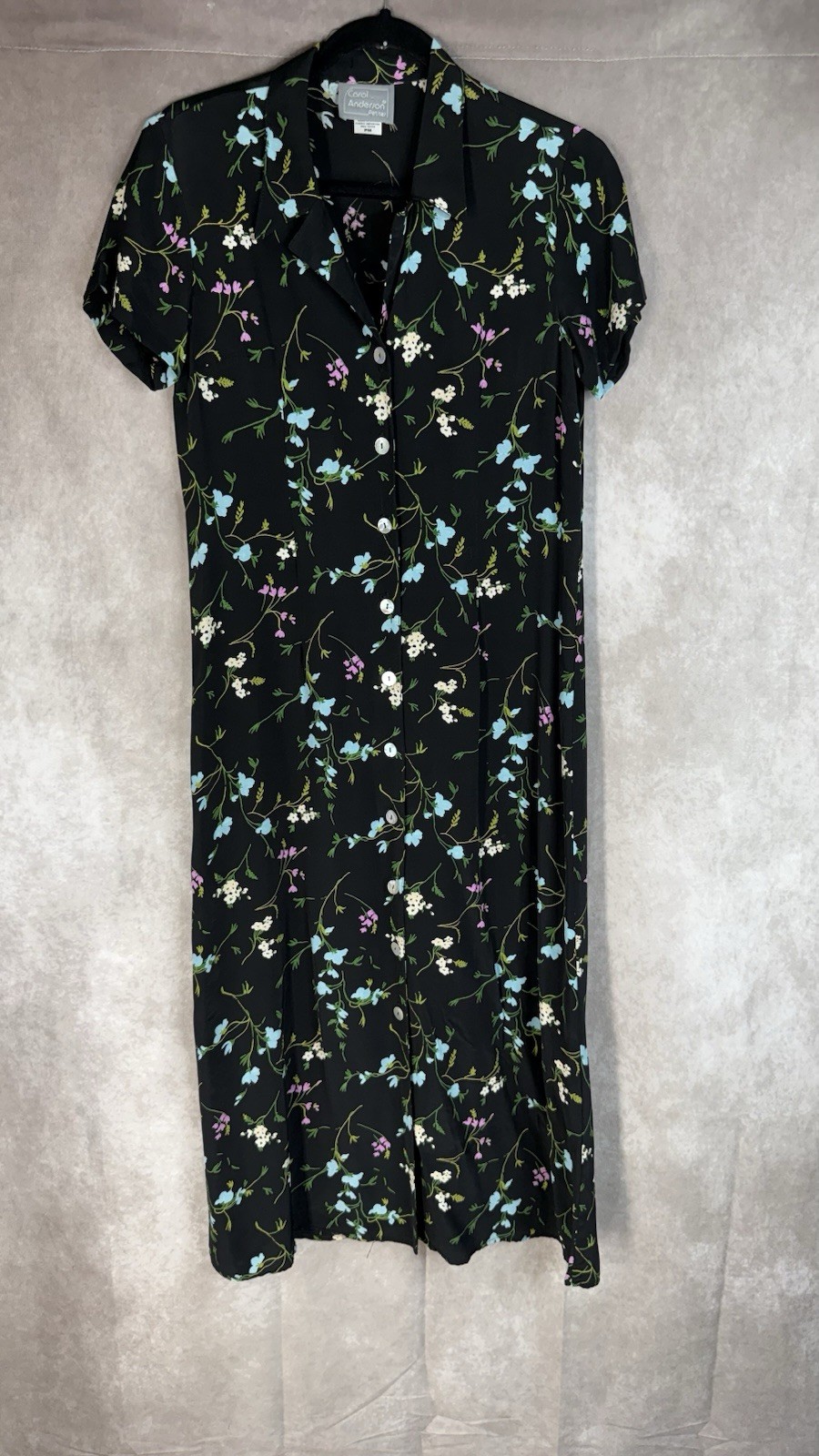 VTG Carol Anderson Collared Floral Dress With Cinched Waist In Black Sz M Petite