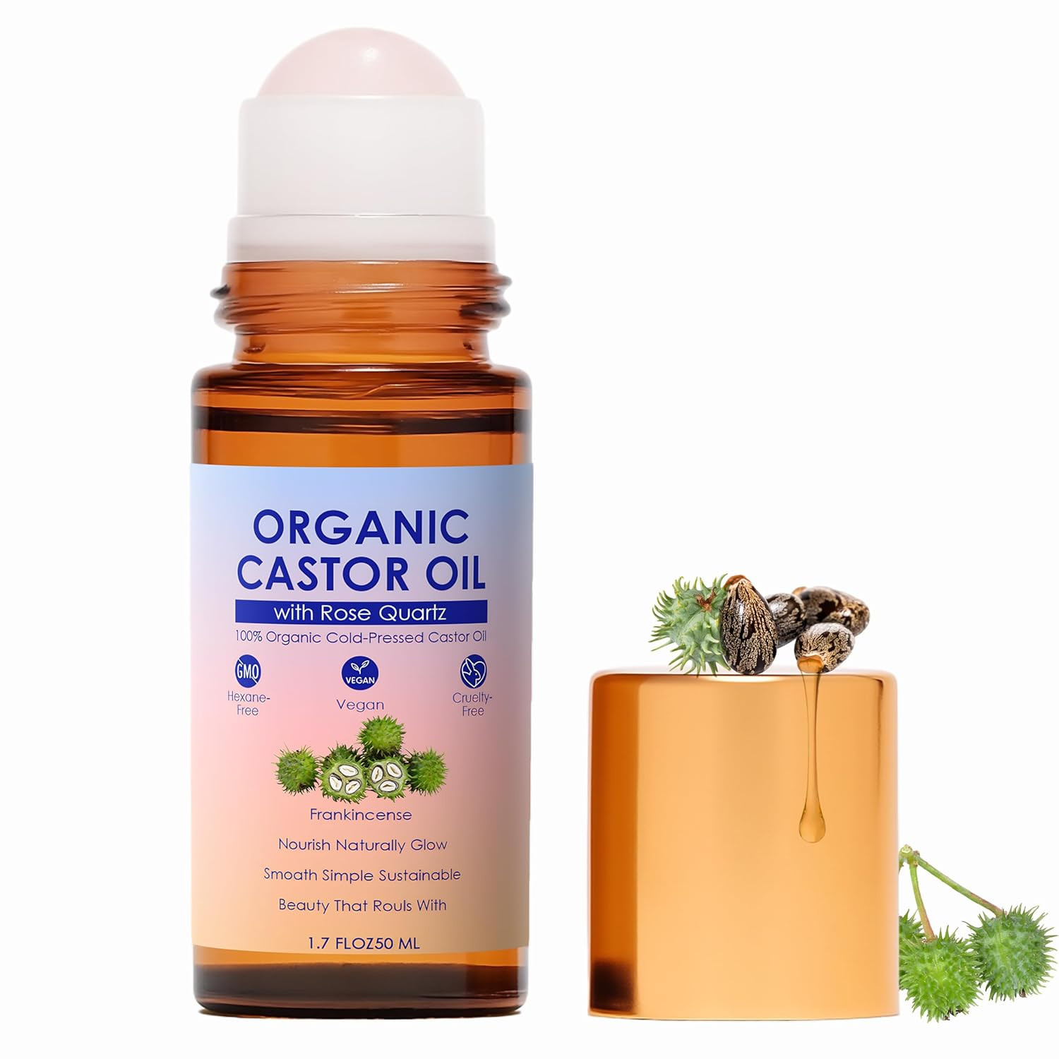 Organic Castor Oil with Rose Quartz Roller, 100% Pure Cold-Pressed, Organic Cast