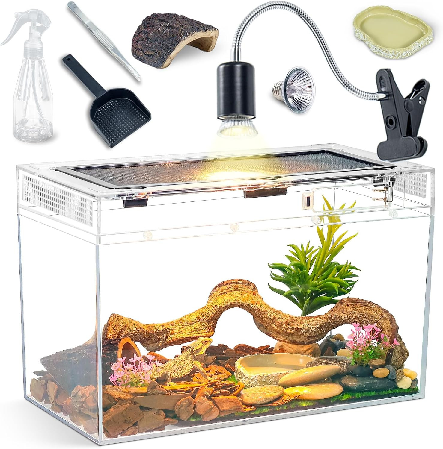 16×10×8'' Reptile Tank Kit with Heat Lamp, Spray Bottle, Shovel, Tweezers, Food 