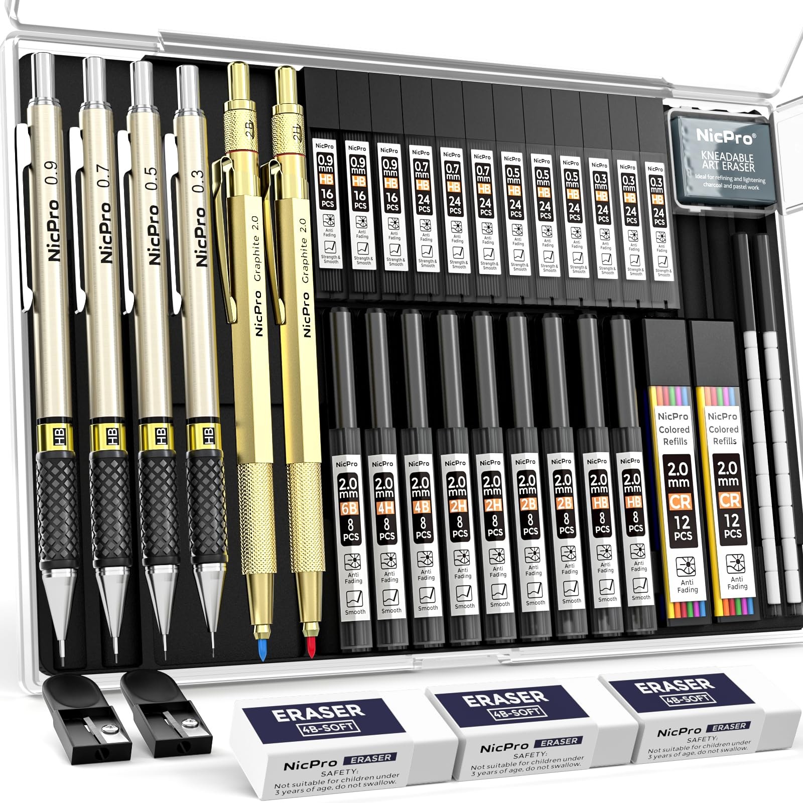 Nicpro 37PCS Gold Art Mechanical Pencil Set, 4PCS 0.3 0.5 0.7 0.9 2.0, 
