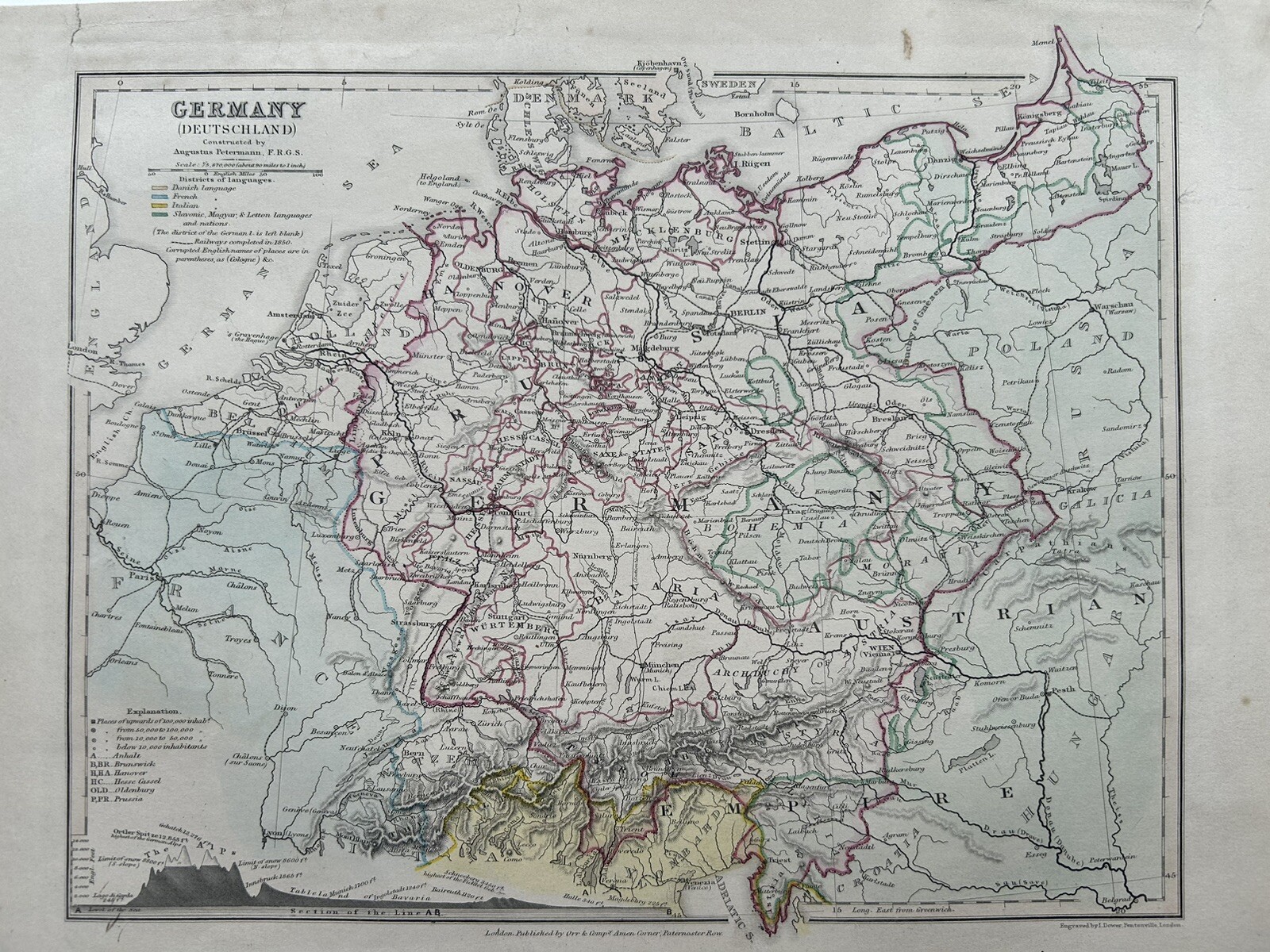 1851 Germany Hand Coloured Antique Map By John Dower Showing Mountains