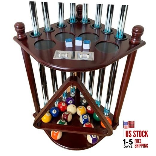 Floor Standing Pool Cue Rack Hold 8 Cue Sticks & Pool Table Mahogany