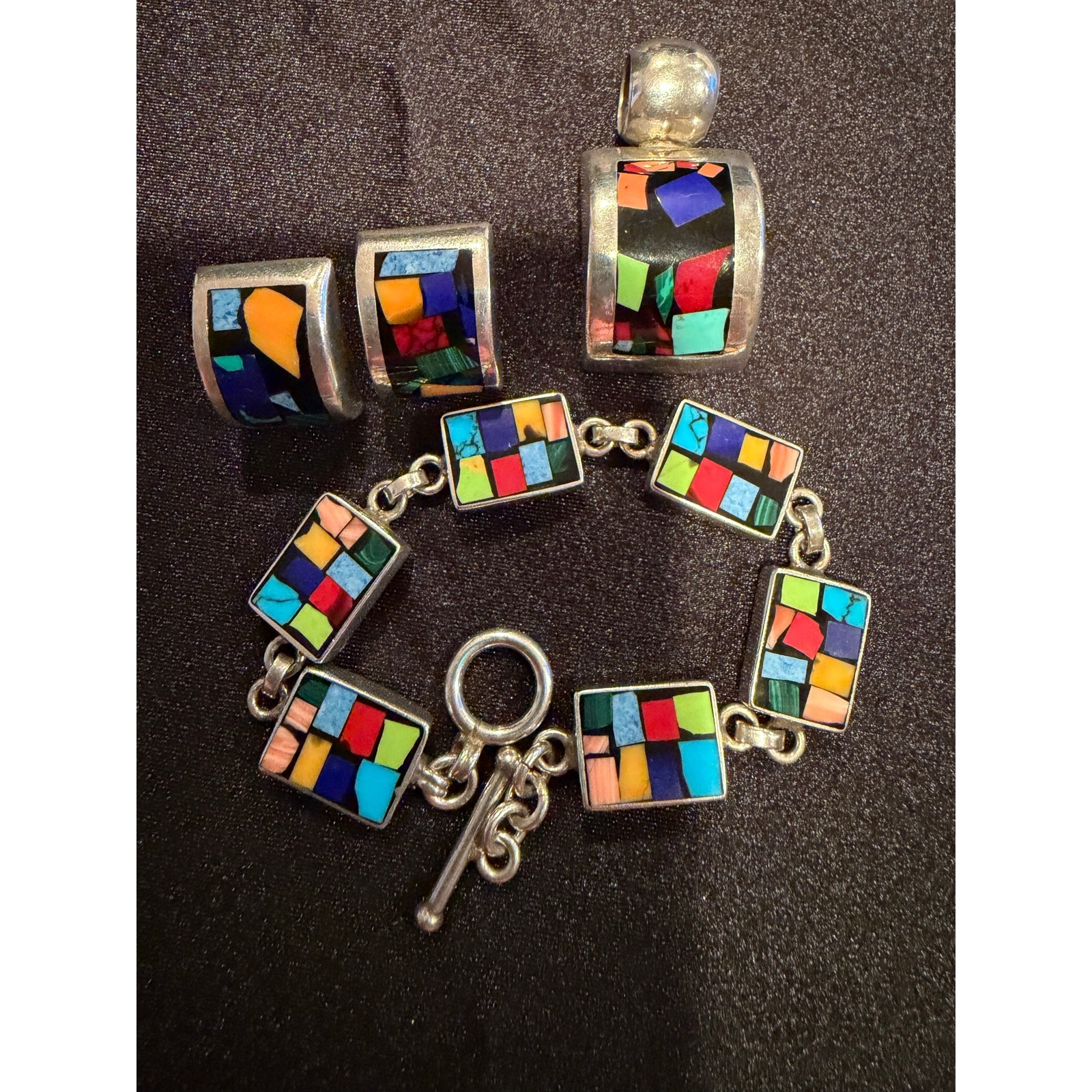 Mexican Sterling Silver 925 ATI Multi-Stone Inlay Mosaic Toggle Bracelet