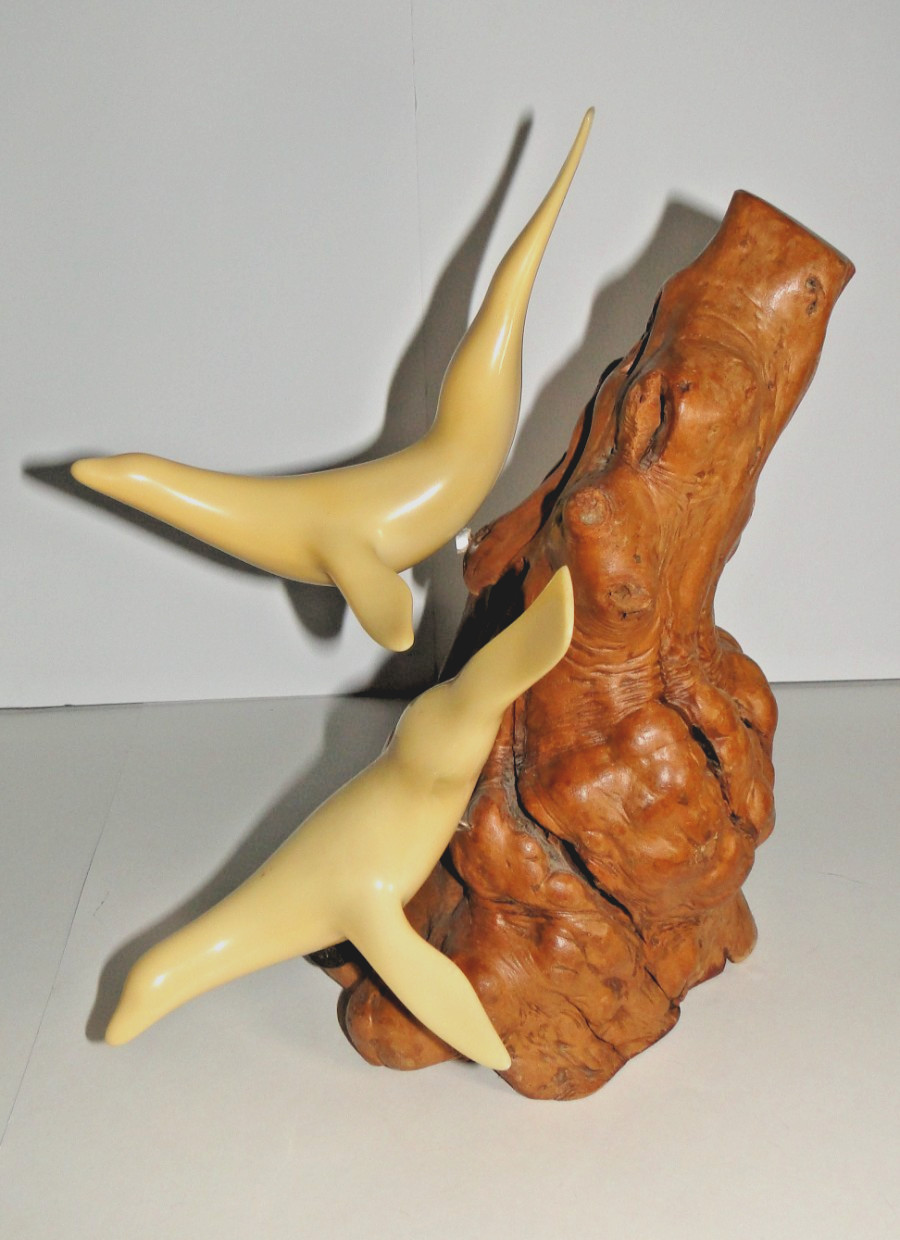 Vintage John Perry Seal Burl Wood Art Sculpture Driftwood Statue Tall 13"