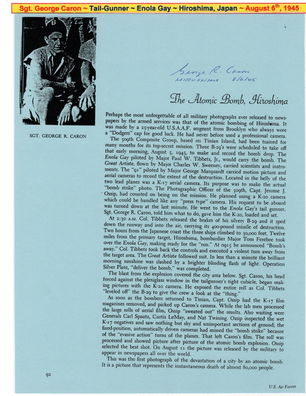 WWII ATOMIC BOMB MISSIONS: George Caron on-board Tail-Gunner - Signed Statement