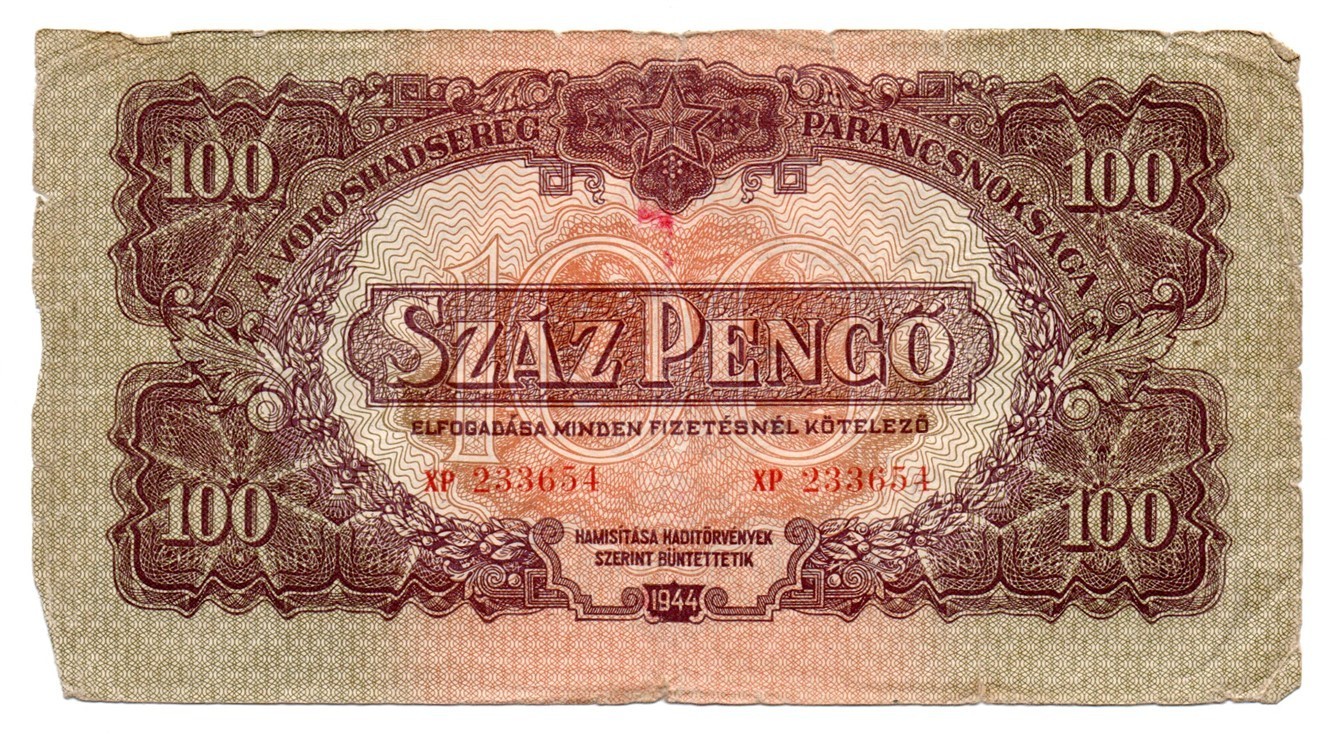 Hungary 100 pengo (pengő) 1944 with big serial nr. (18 mm) / P-M8.2, F-F