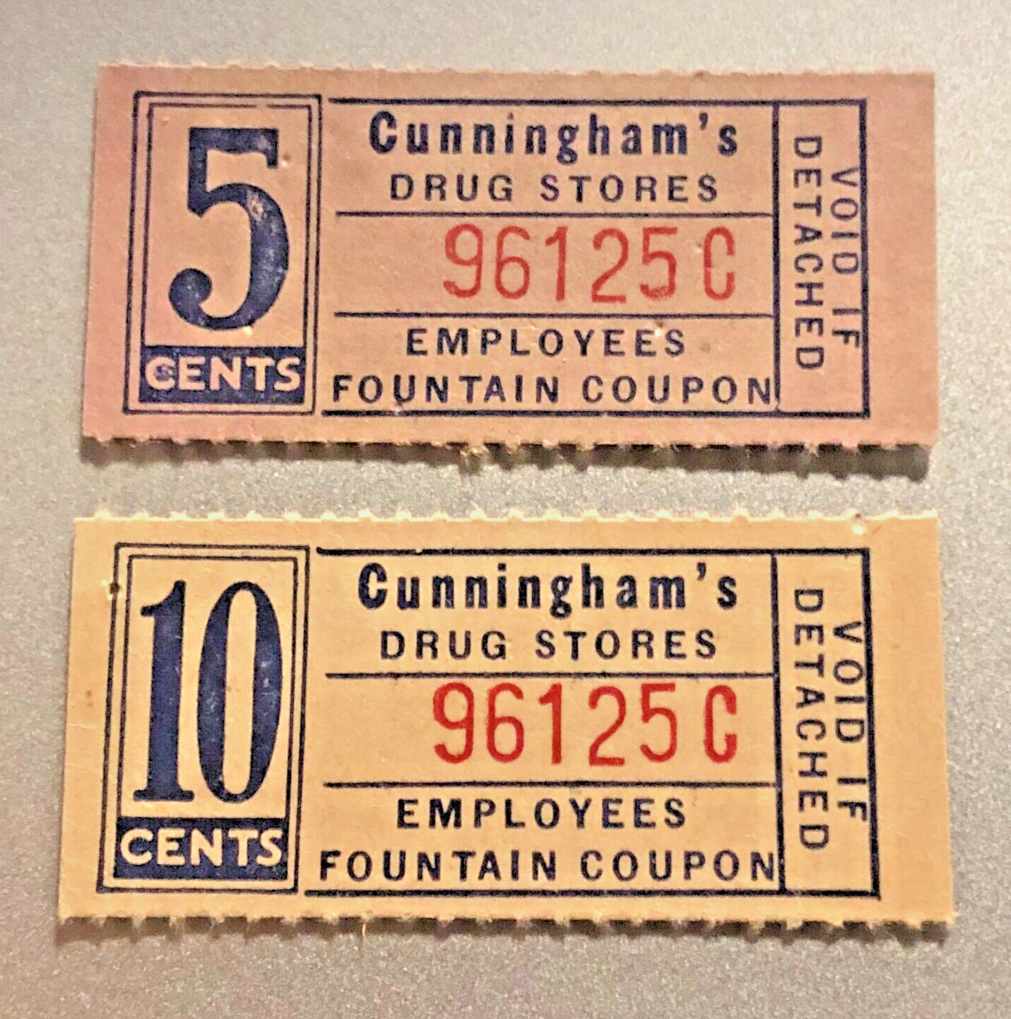 2 Vtg Fountain Drink Coupons: Cunningham's Drug Stores (Detroit); 5 & 10 Cents