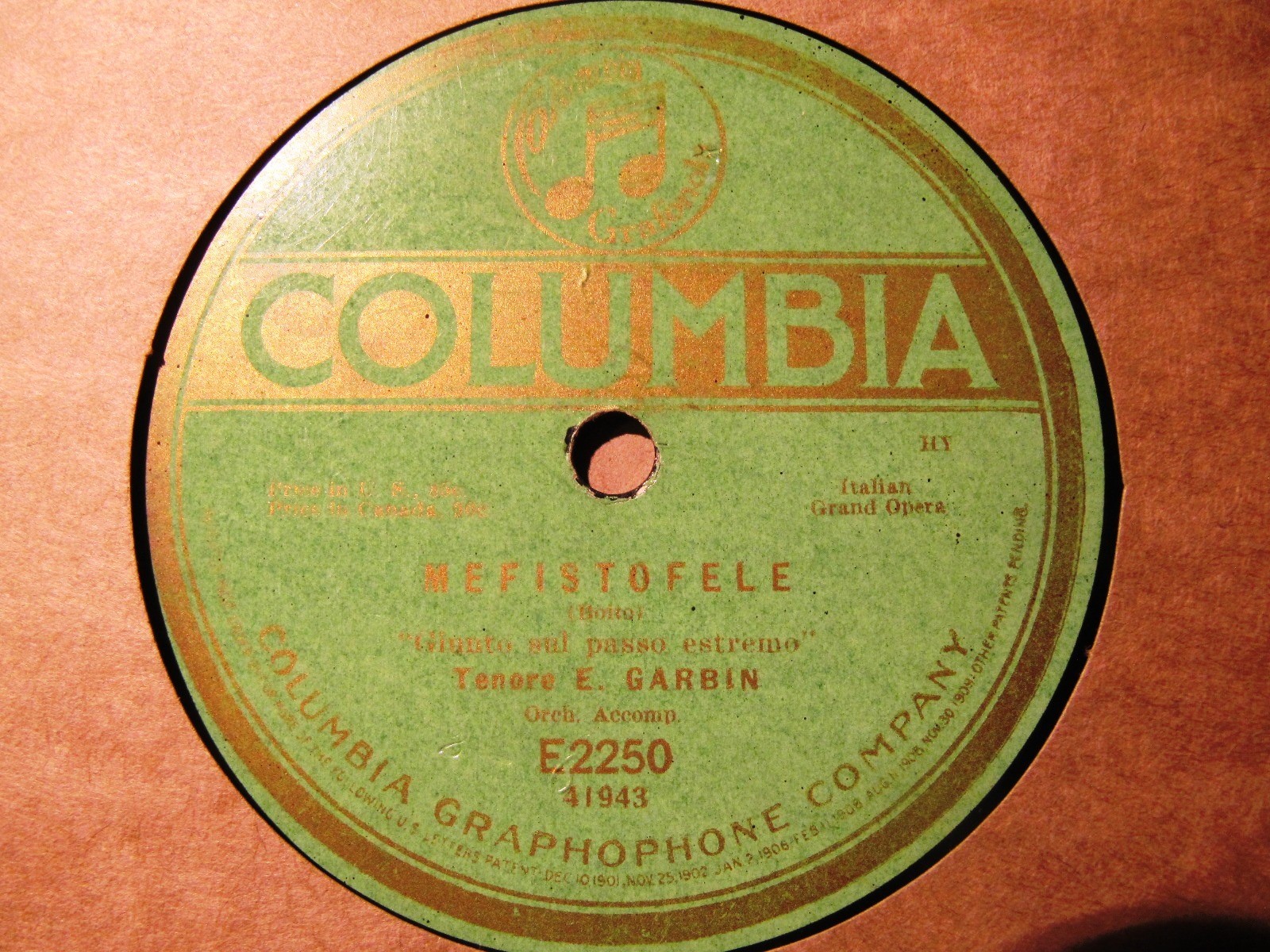 1908 EDOARDO GARBIN MILAN Mefistofele Dai Campi Giunto sul Passo COLUMBIA E2250