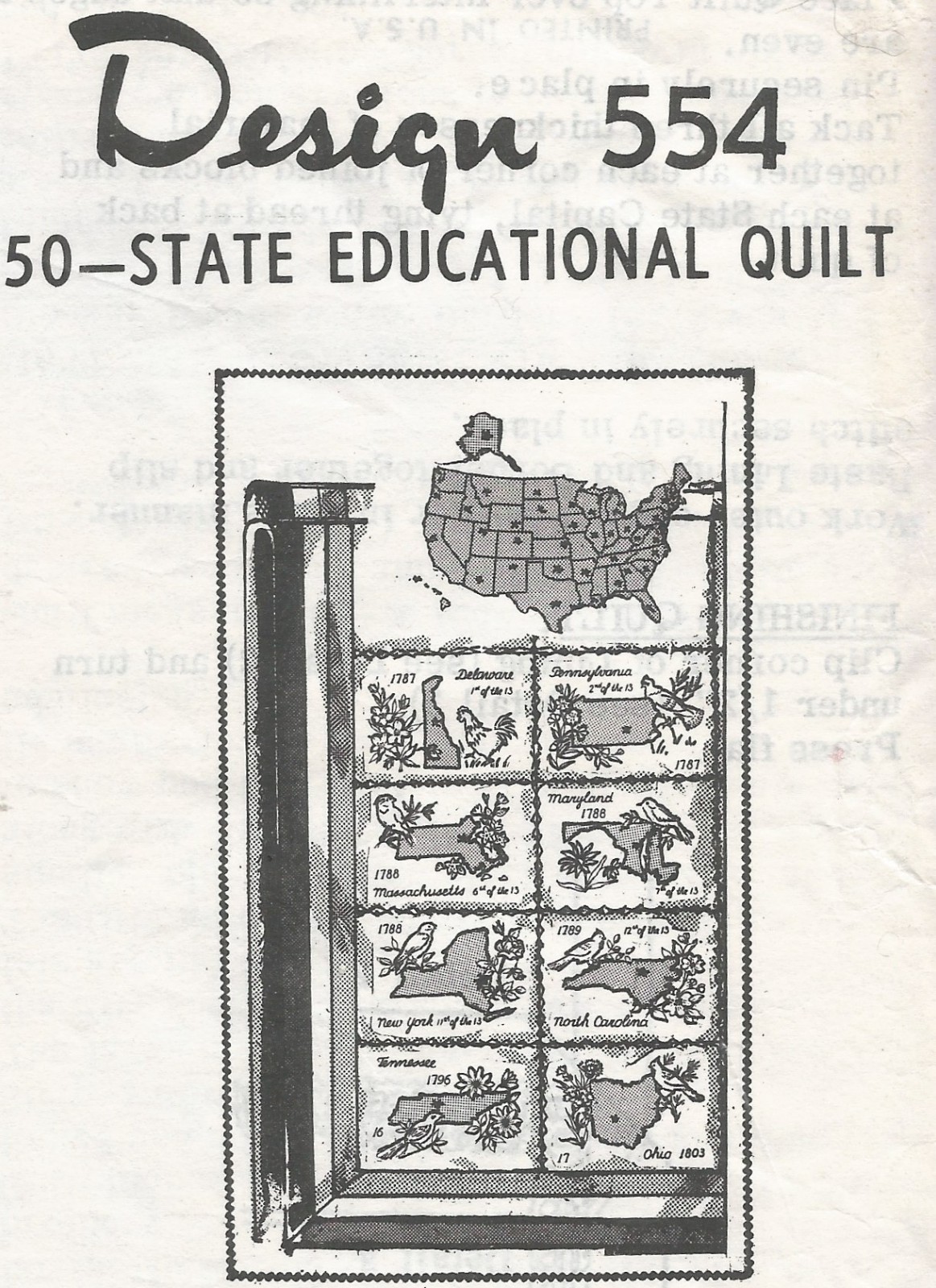 554 Embroidery Transfer Pattern 50 State Educational Quilt w Bird Flower Vintage