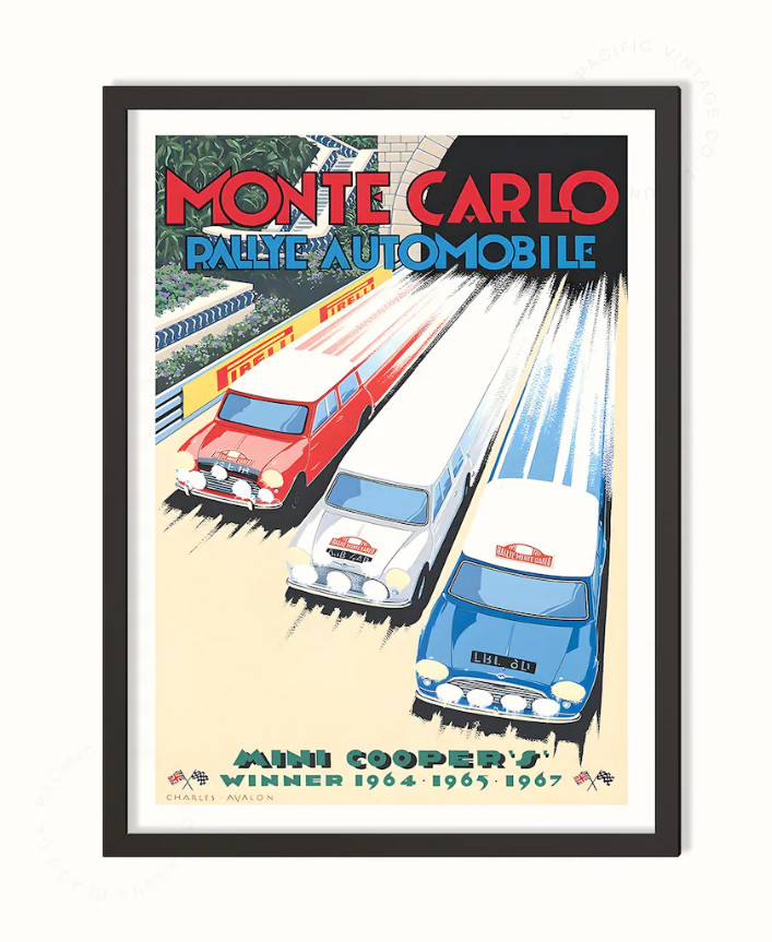 Monte Carlo Rally Poster by Charles Avalon, Vintage Mini Cooper Racing Art