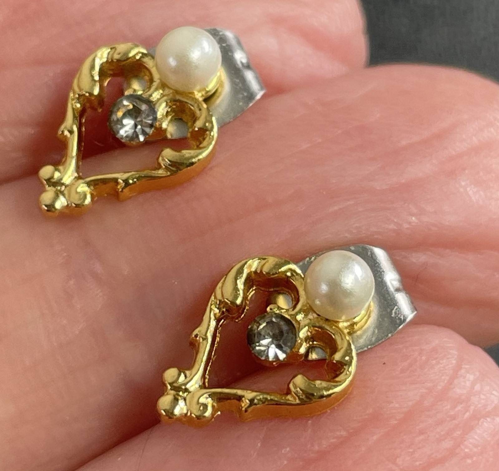 Vintage Faux Pearl Crystal Rhinestone Small Gold Tone Drop Earrings