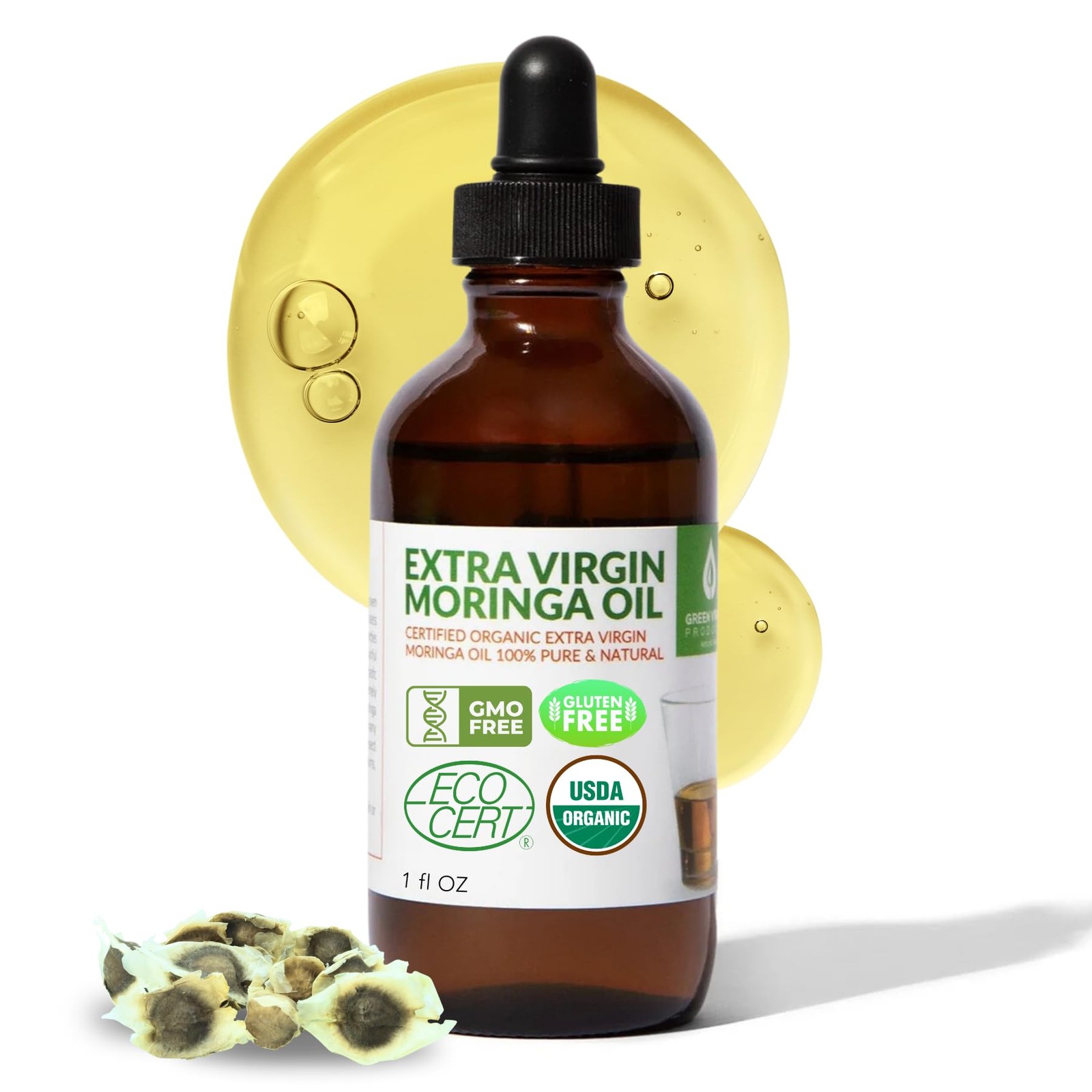 Organic Moringa Oil, Cold Pressed, Extra Virgin, 100% Pure, Food Grade 1 Fl Oz
