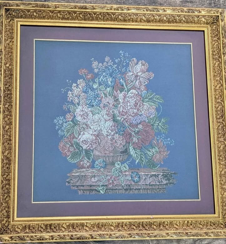 VTG Italian Floral Tapestry Needlepoint Art Gold Ornate Frame Italy 60s 70s