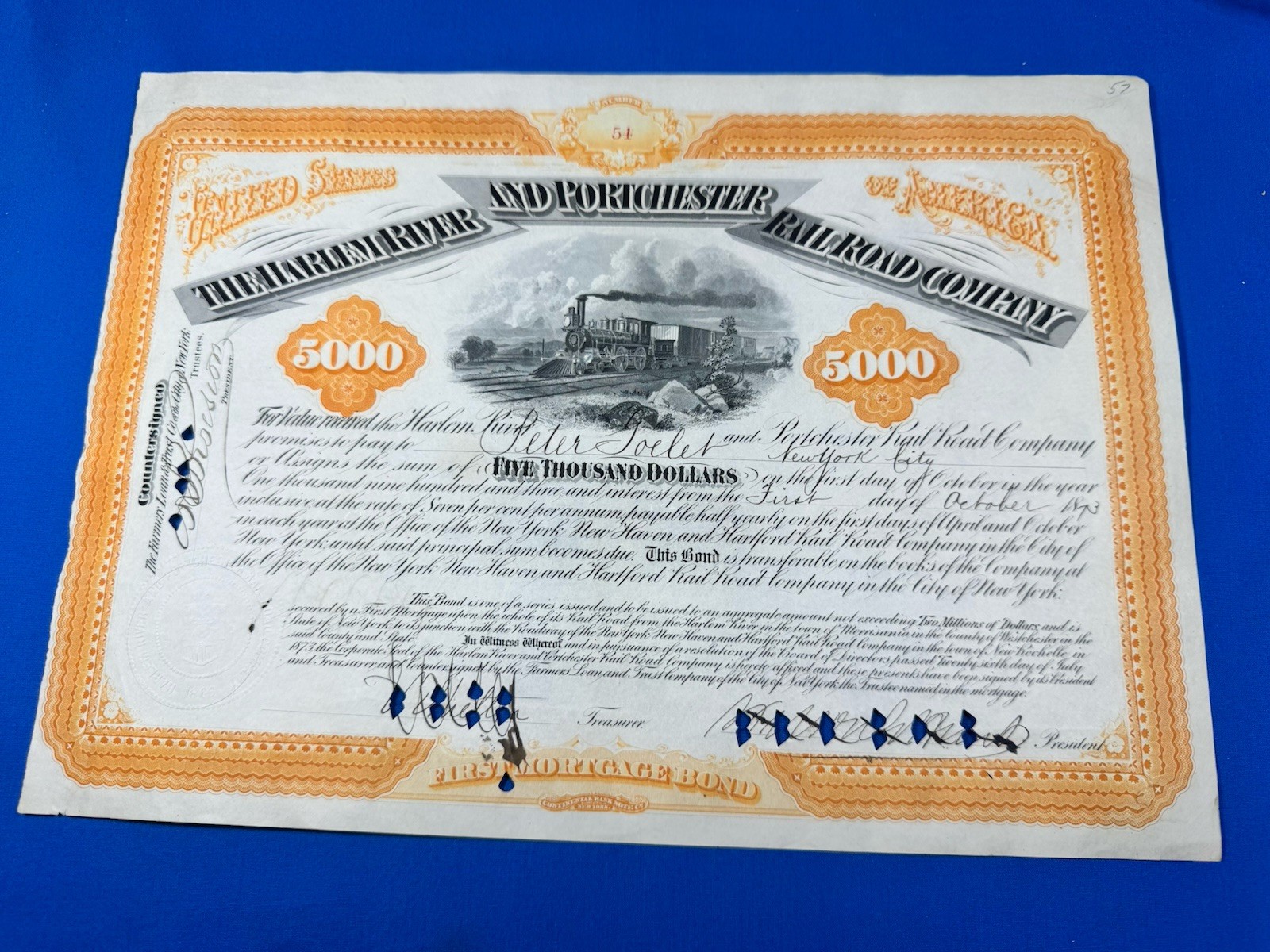 1873 $5000 30 Yr Bond Certificate Harlem River & Portchester RR ~ Peter Goelet