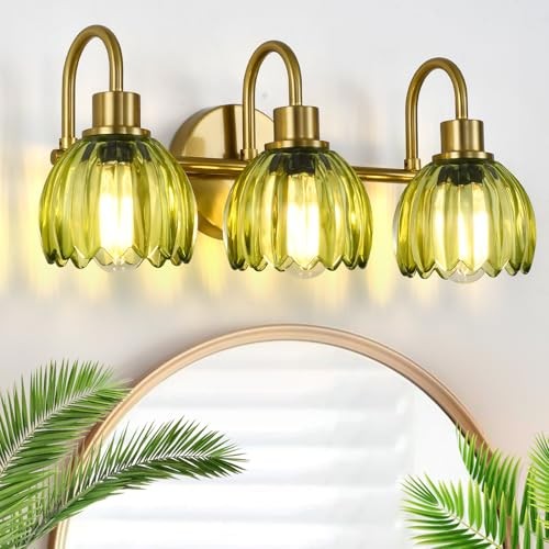 Bathroom Light Fixtures, 3-Light Brushed Gold Green & electroplating Gold