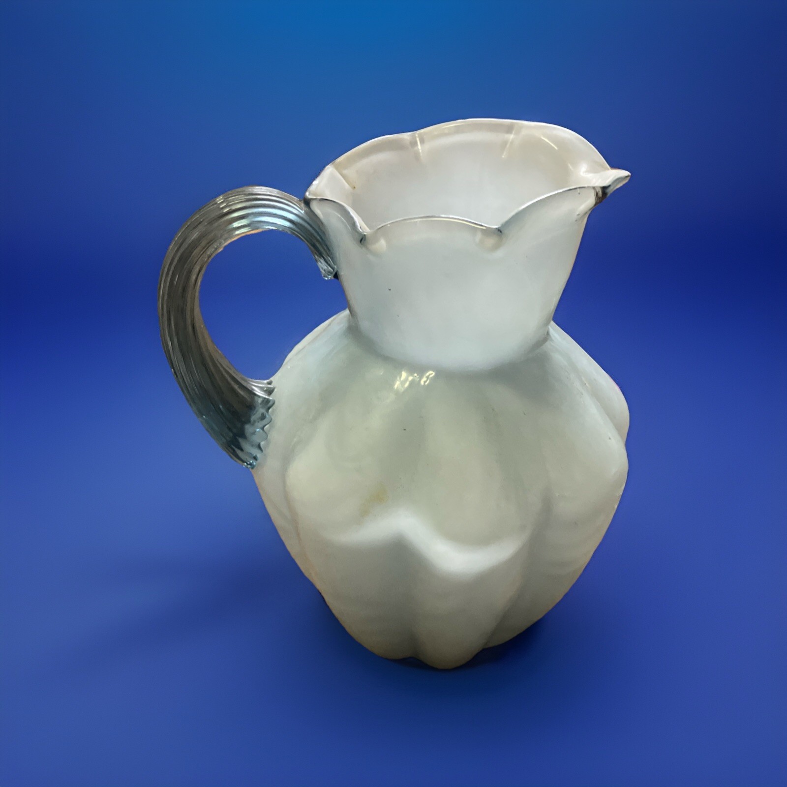 Vintage FENTON Cased Glass BLUE FERN Optic PATTERN GLASS Pitcher 5.5" #4633