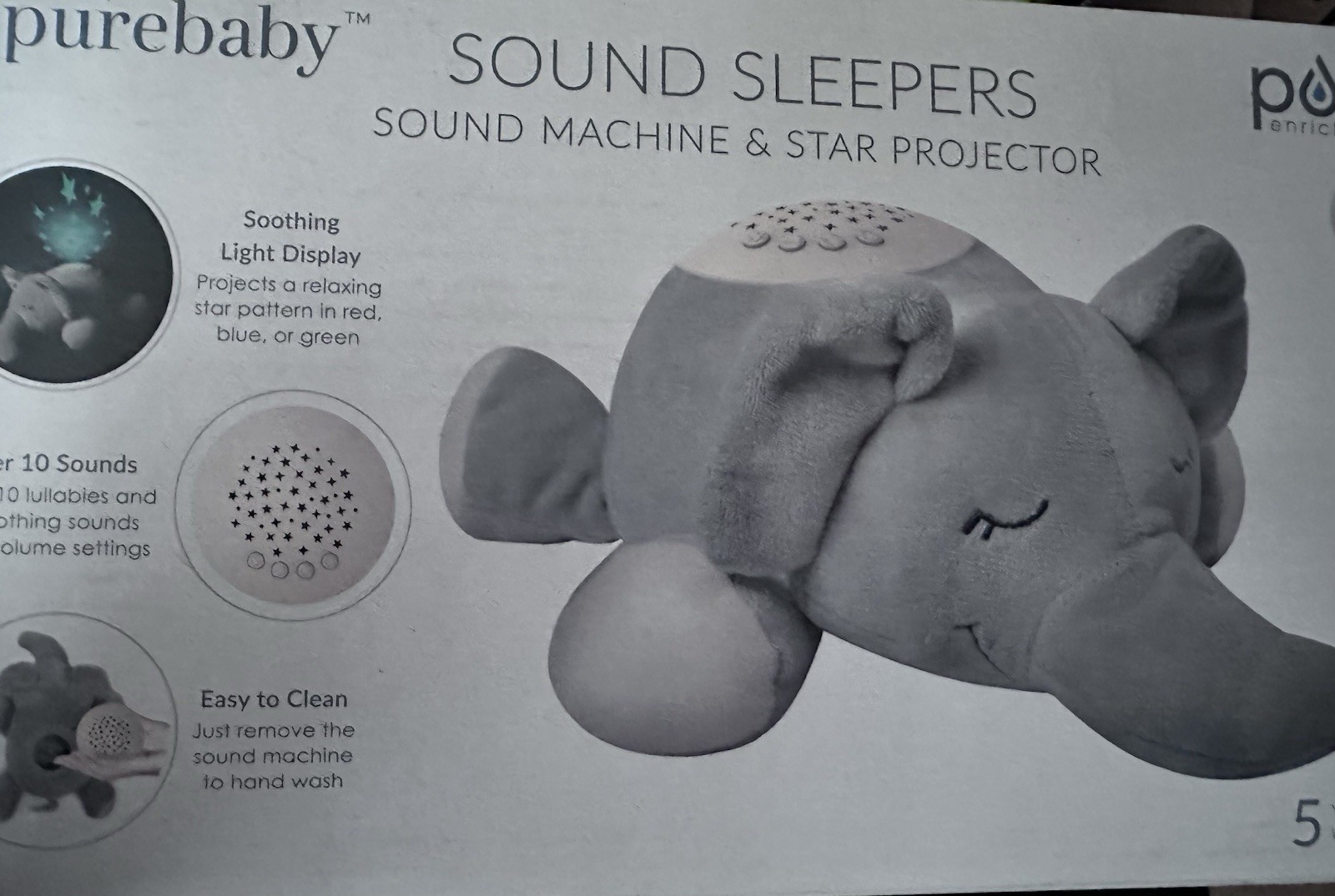 PURE Baby Sleep Soother Gray ELEPHANT Star Projector Sound Machine Plush Tested