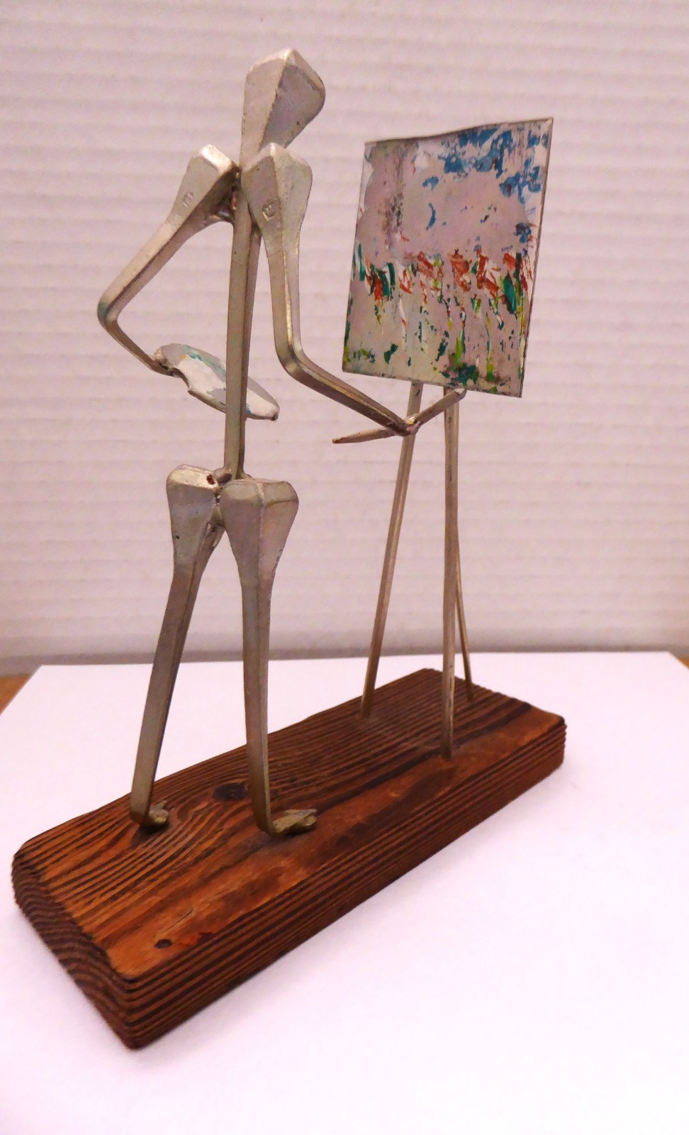 Artist Figure Plein Air Metal Nail Figure Art Piece on Wood Stand Unique Gift 6"