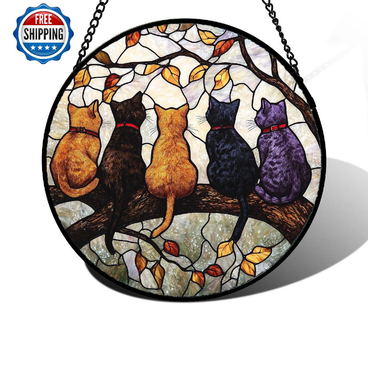 DASTOLL Stained Glass Suncatcher: 5 Cats on Branch Window Hanging Decor Gift