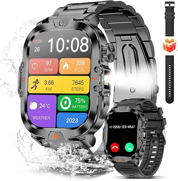 Grade Military Smart Watch Men With LED Flashlight  Tactical Fitness Tracker