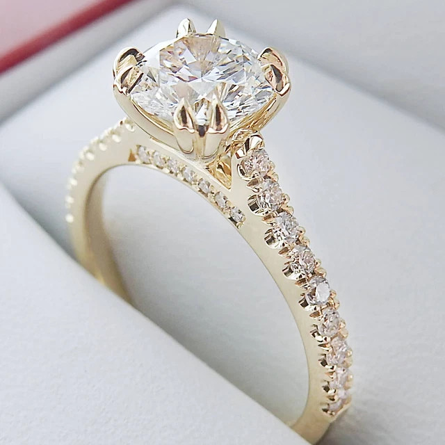 2Ct Round Cut Real Moissanite Double Prong Wedding Ring 14K Yellow Gold Plated