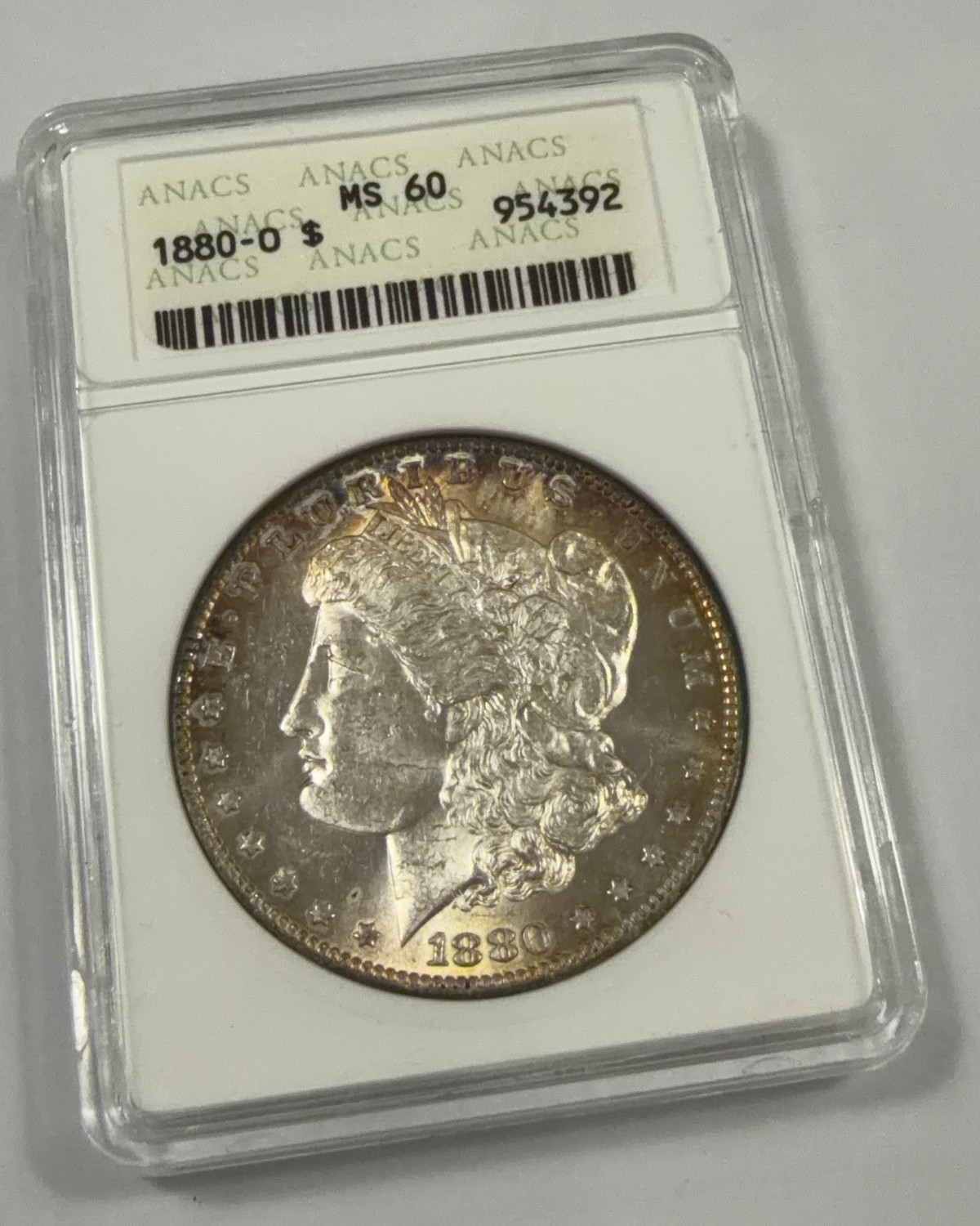 1880-O Morgan Silver Dollar | ANACS MS60 in Old Soapbox Holder Beautiful Tone!