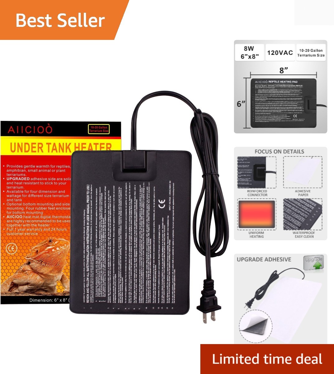 8 Watt Reptile Heating Pad with Thermostat - Waterproof Heat Mat for Terrariums