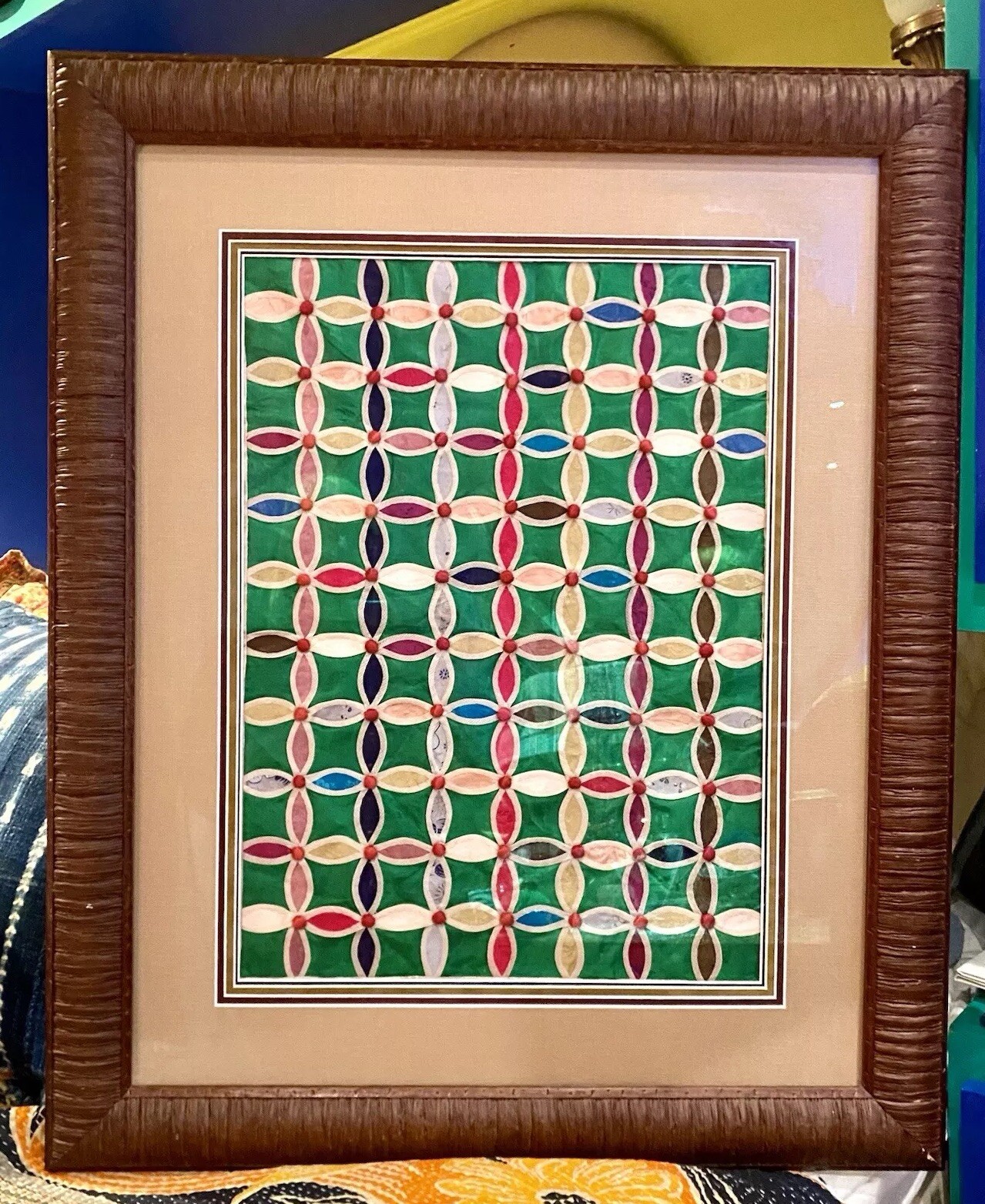 Framed Korean POJAGI Patchwork 29" -Cathedral Windows- Handmade Button Trim