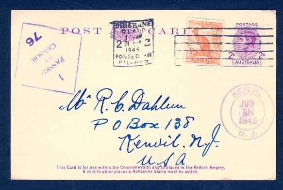 AUSTRALIA 1945 2D KGVI POSTAL CARD UPRATED CENSORED TO USA