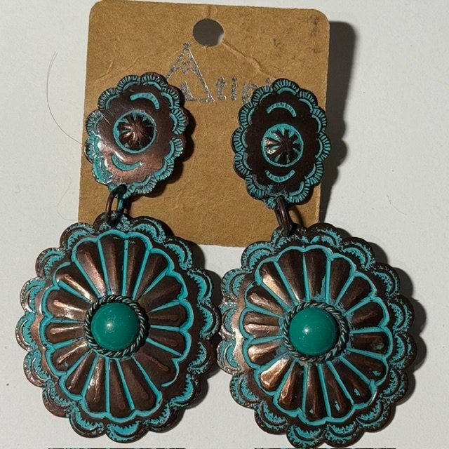Attitude Dangle Earrings Copper Turquoise Concho Western Style