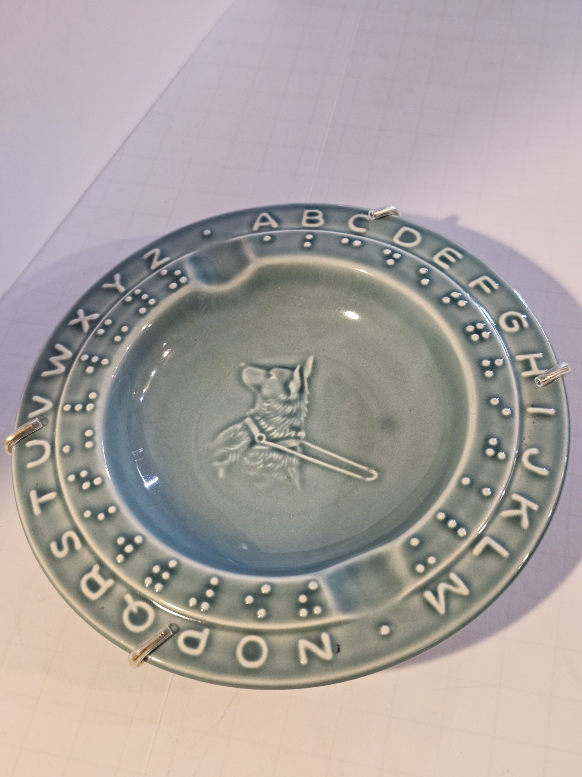 Vintage Turquoise/Teal Ceramic Braille Ash Trinket Tray Dog German Shepherd NICE