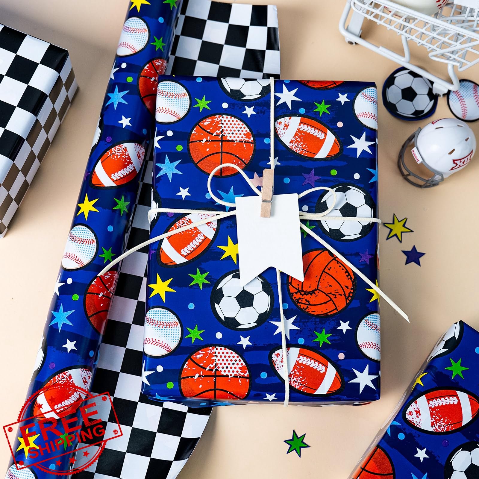 Yarcony Baseball Blue Wrapping Paper Roll 17"x16.5ft Sports Gift Wrap