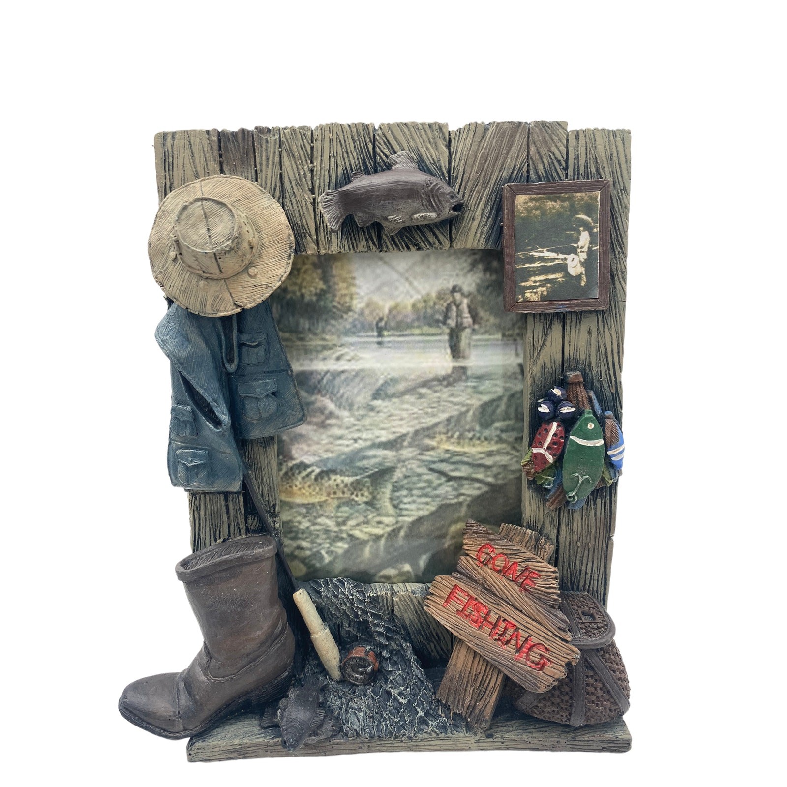 Gone FISHING Fly Reel Creel Fish Boots Hat Vintage Resin Picture Frame